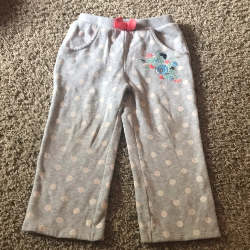 Oshkosh Gray Sweat Pants White Polka Dots Blue and Orange Flowers